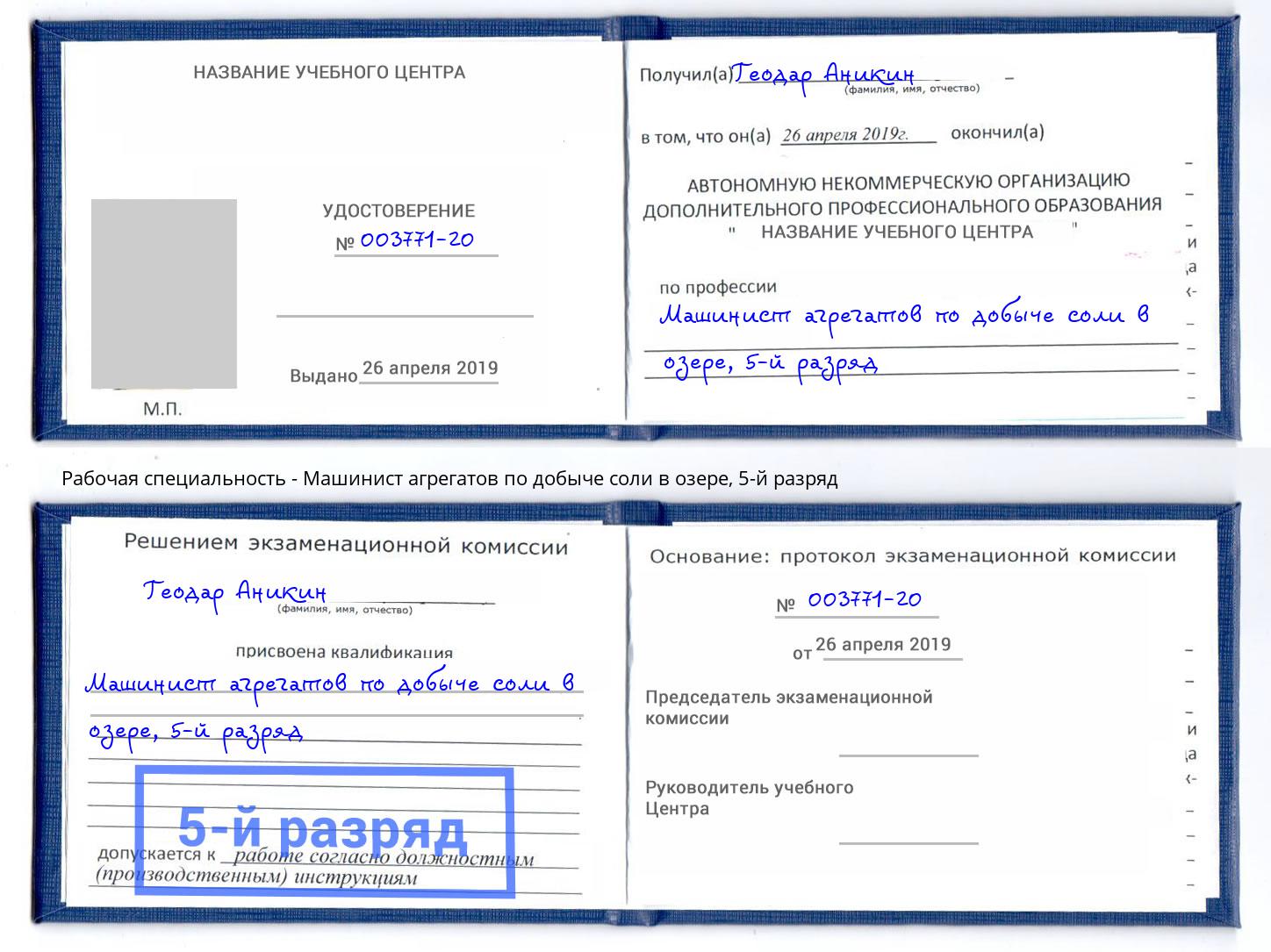 корочка 5-й разряд Машинист агрегатов по добыче соли в озере Протвино