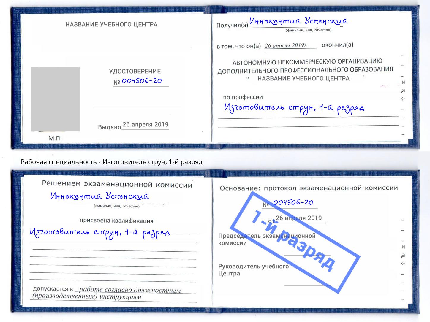 корочка 1-й разряд Изготовитель струн Протвино