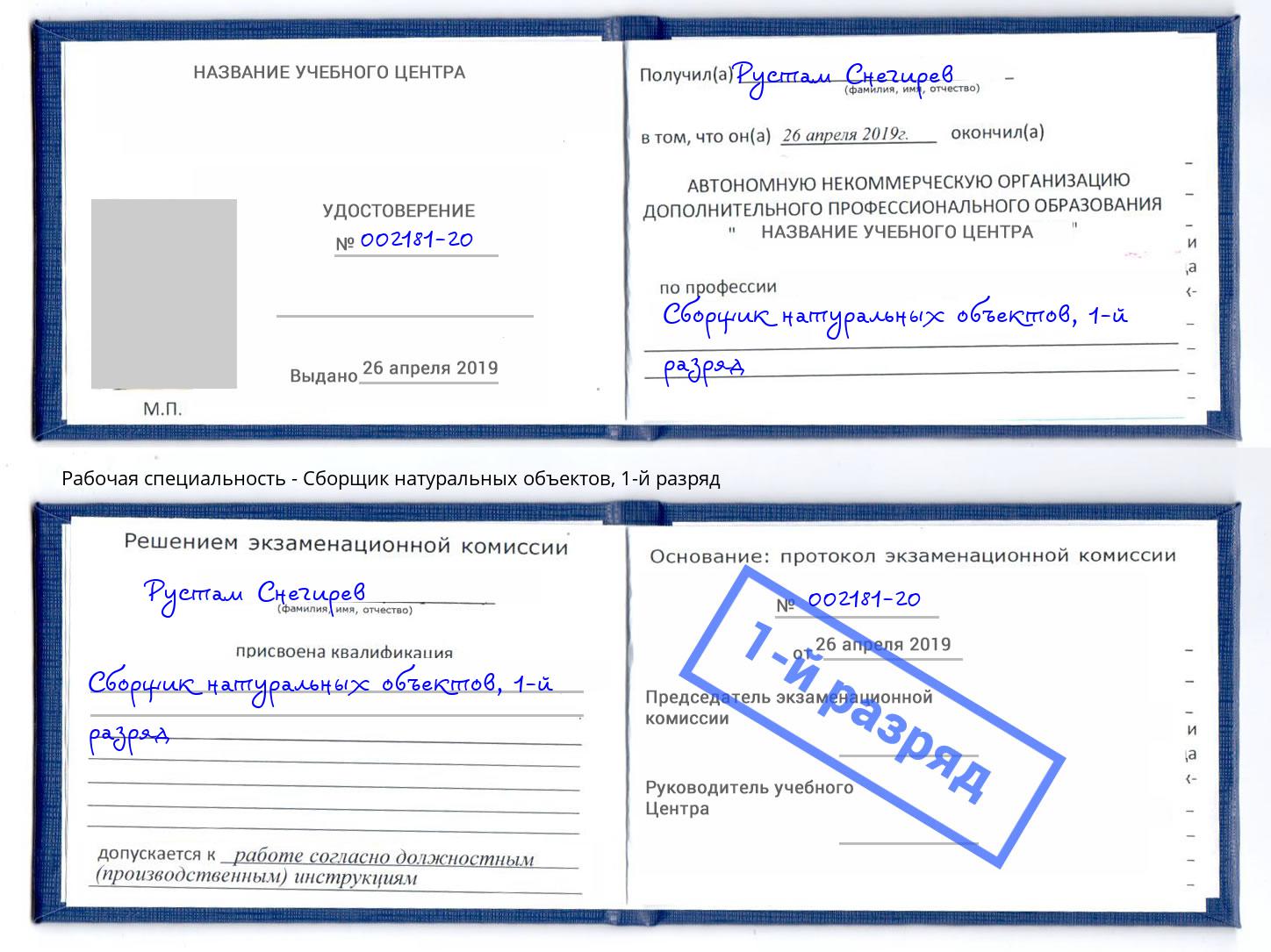 корочка 1-й разряд Сборщик натуральных объектов Протвино