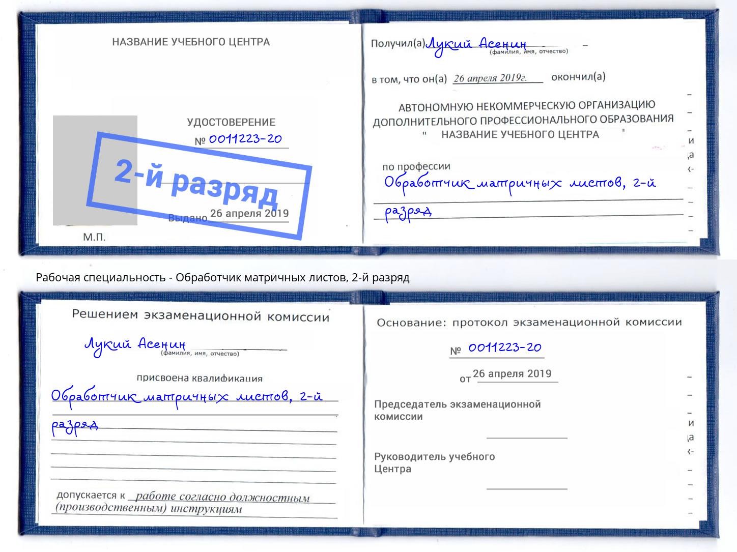 корочка 2-й разряд Обработчик матричных листов Протвино