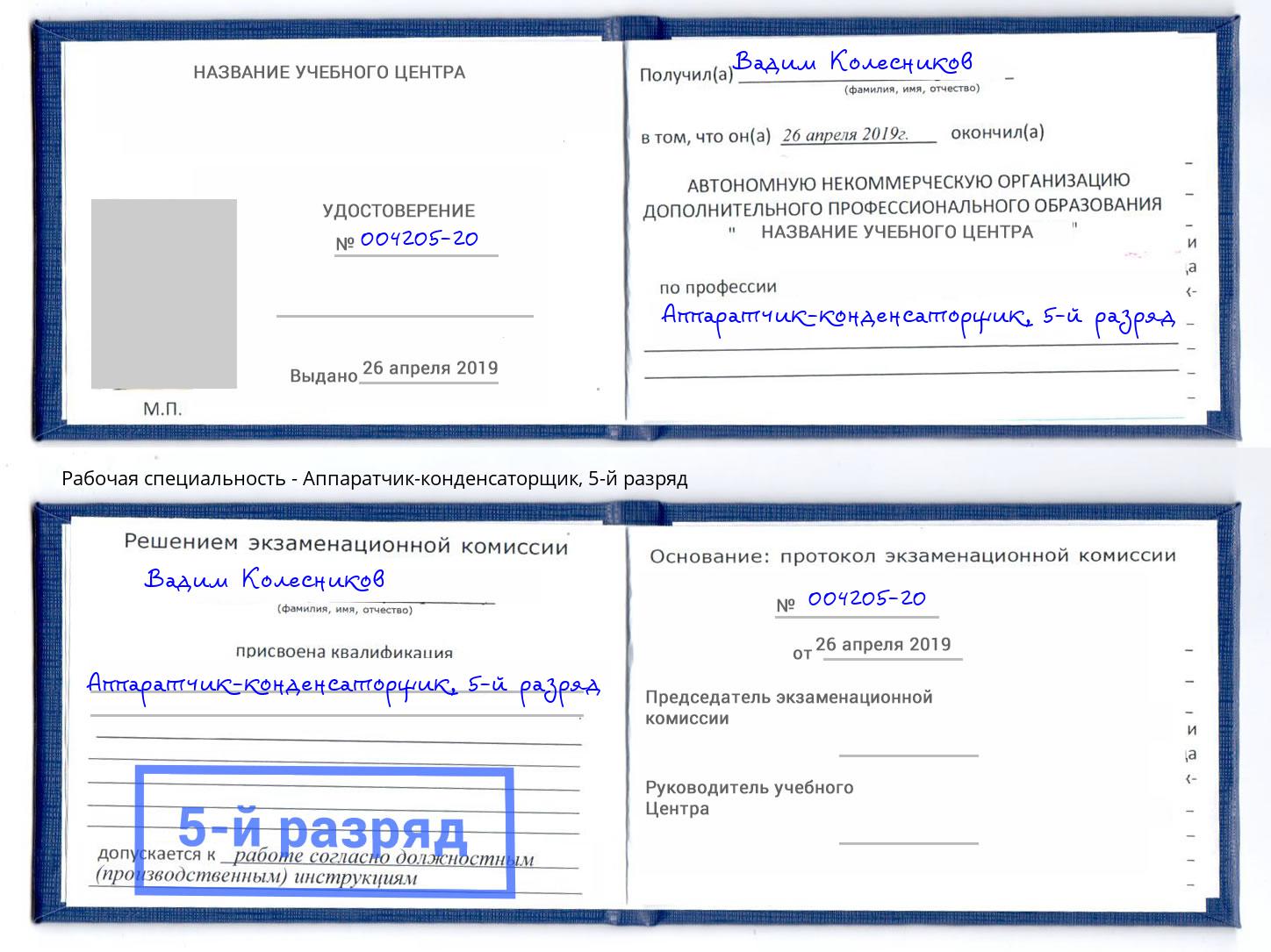 корочка 5-й разряд Аппаратчик-конденсаторщик Протвино